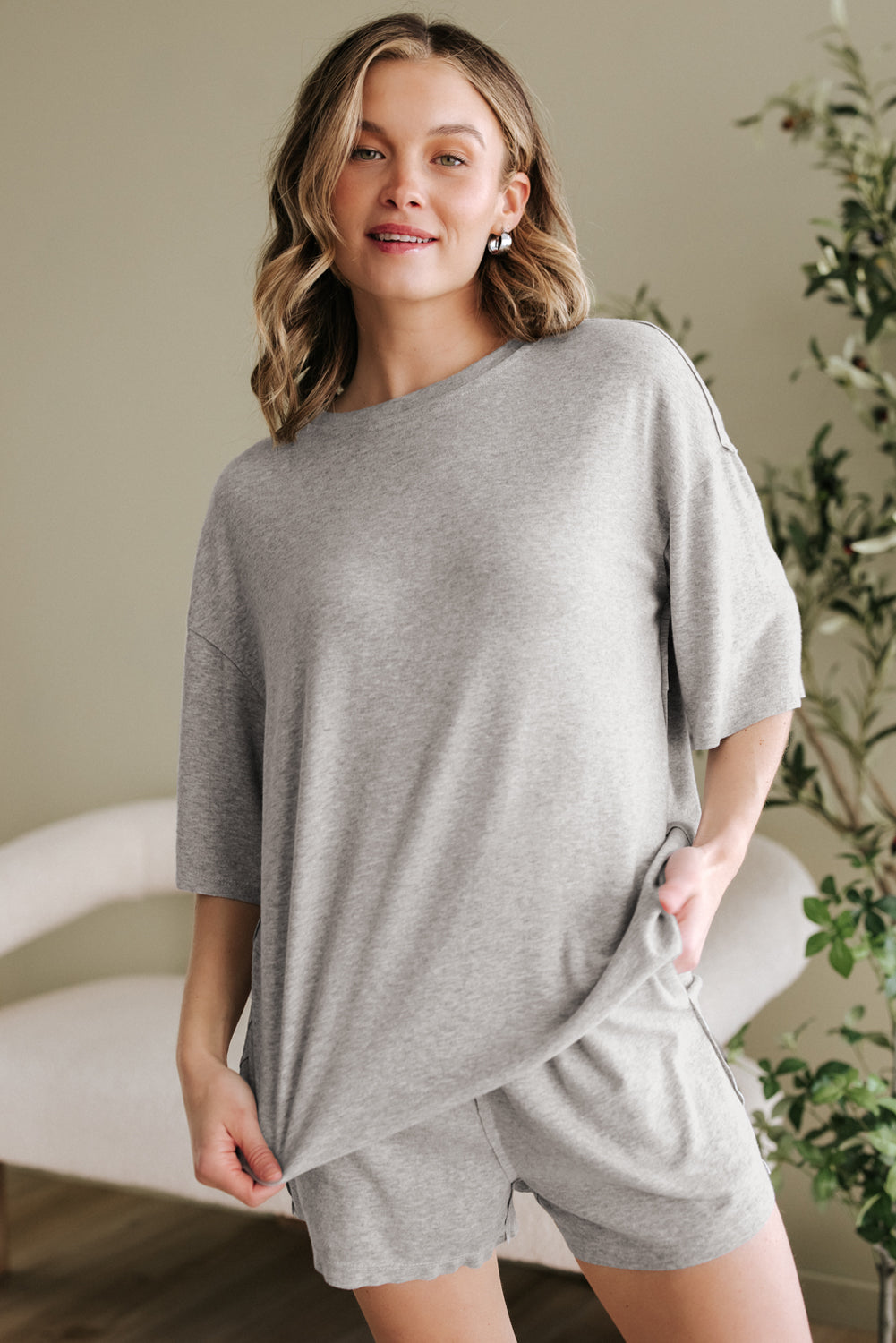 Gray Solid Color Loose Tee 2 Piece Shorts Set-Two Piece Sets/Short Sets-[Adult]-[Female]-2022 Online Blue Zone Planet