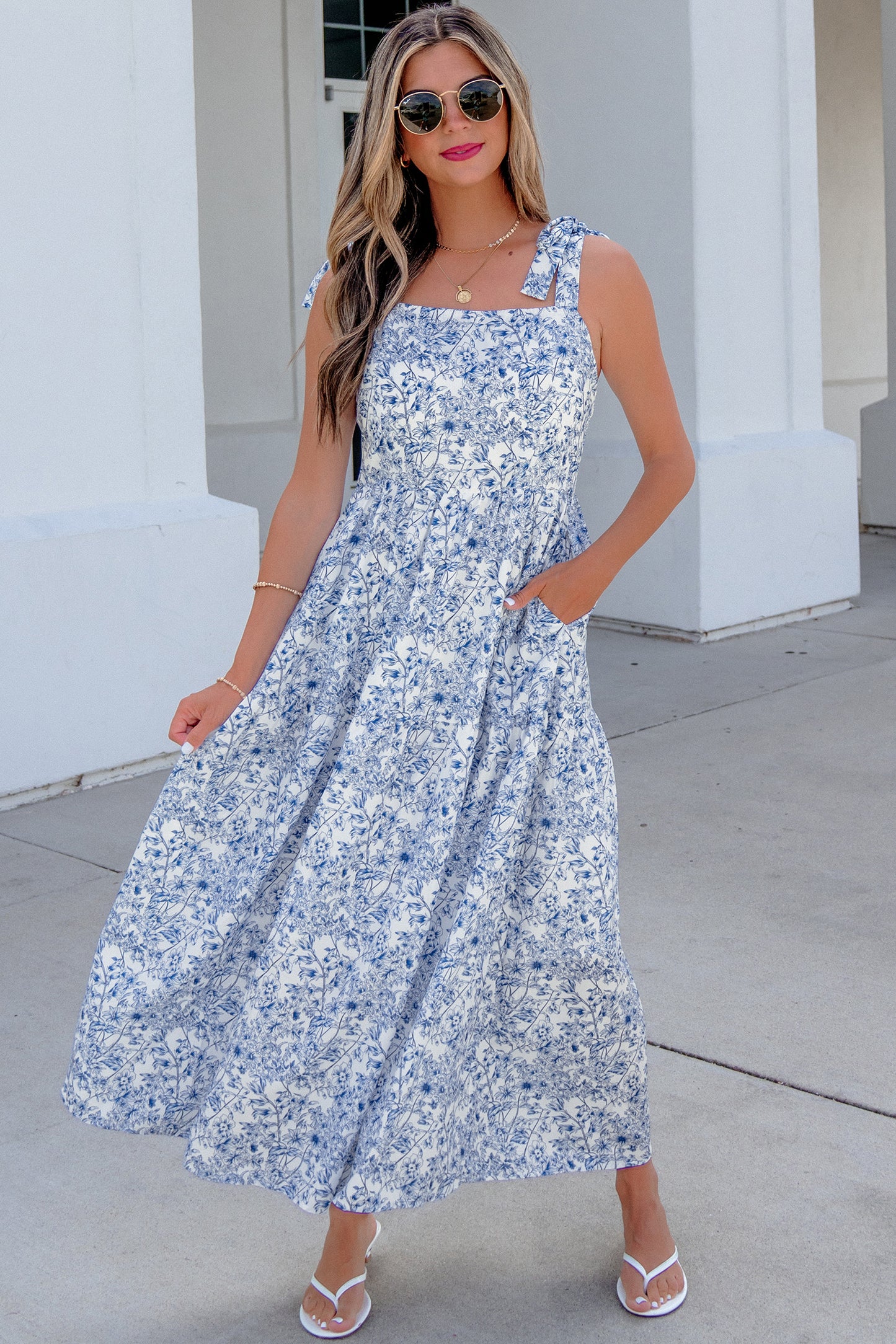 Sky Blue Floral Print Knot Straps High Waist Flared Maxi Dress-TOPS / DRESSES-[Adult]-[Female]-2022 Online Blue Zone Planet