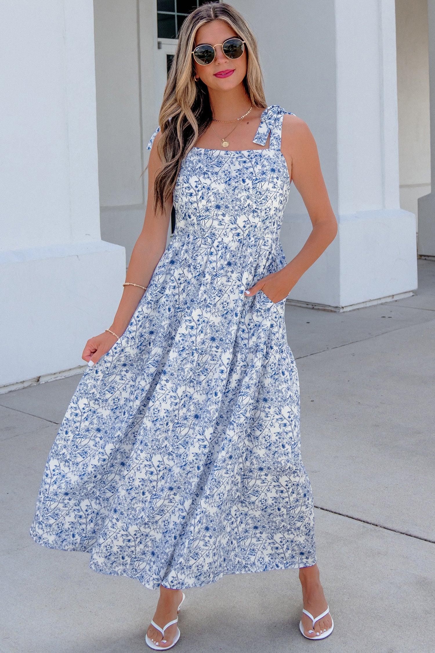 Sky Blue Floral Print Knot Straps High Waist Flared Maxi Dress-TOPS / DRESSES-[Adult]-[Female]-2022 Online Blue Zone Planet