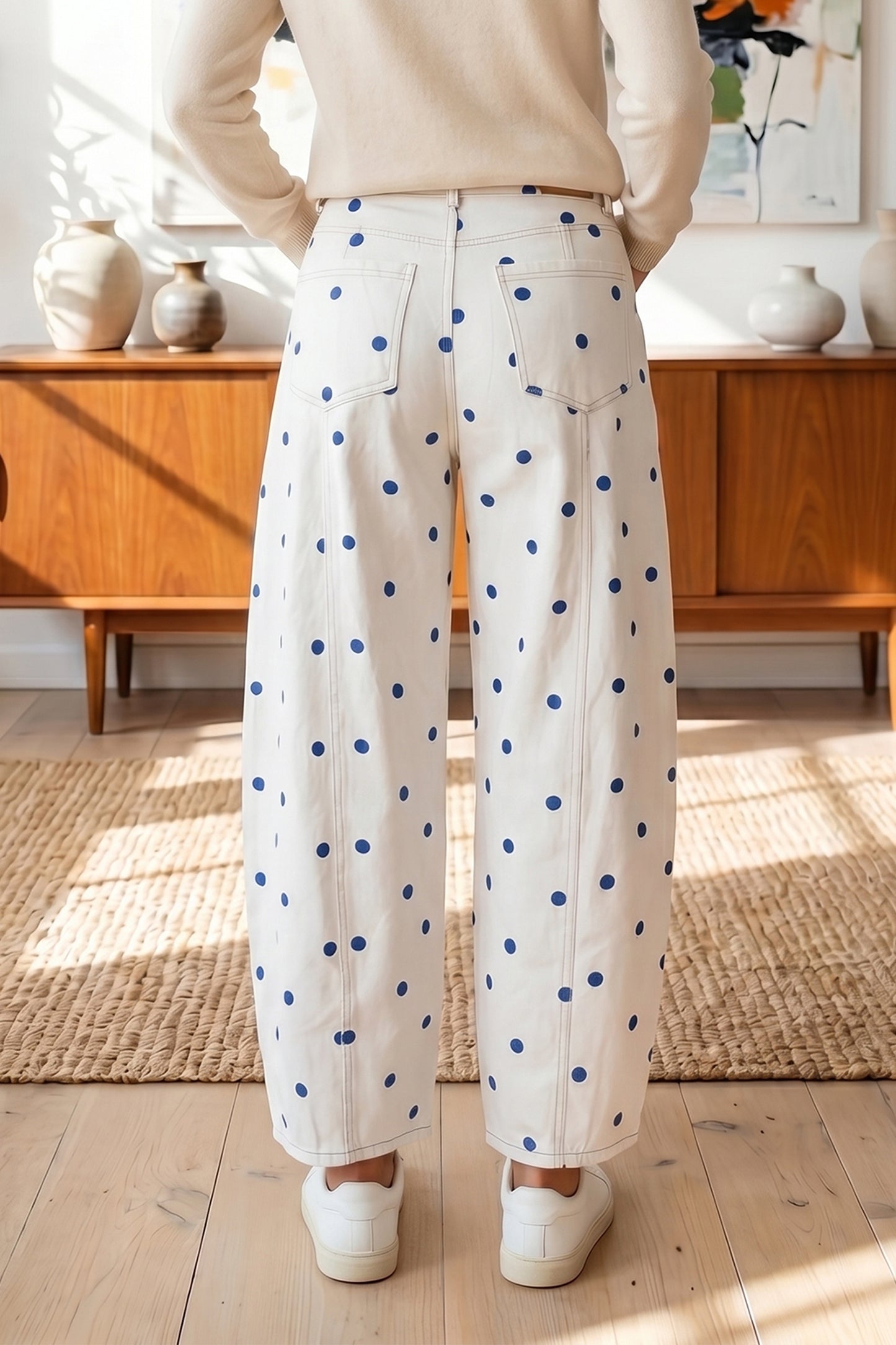 Pink Polka Dot Print Seam Detail Barrel Jeans-Bottoms/Jeans-[Adult]-[Female]-2022 Online Blue Zone Planet