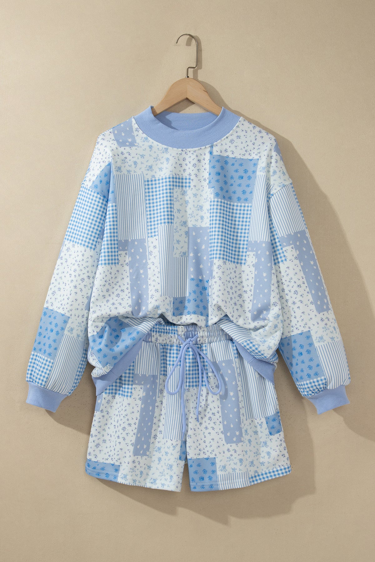 Sky Blue Patchwork Floral Print Drop Shoulder Baggy Pullover Drawstring Shorts Set-Two Piece Sets/Short Sets-[Adult]-[Female]-2022 Online Blue Zone Planet