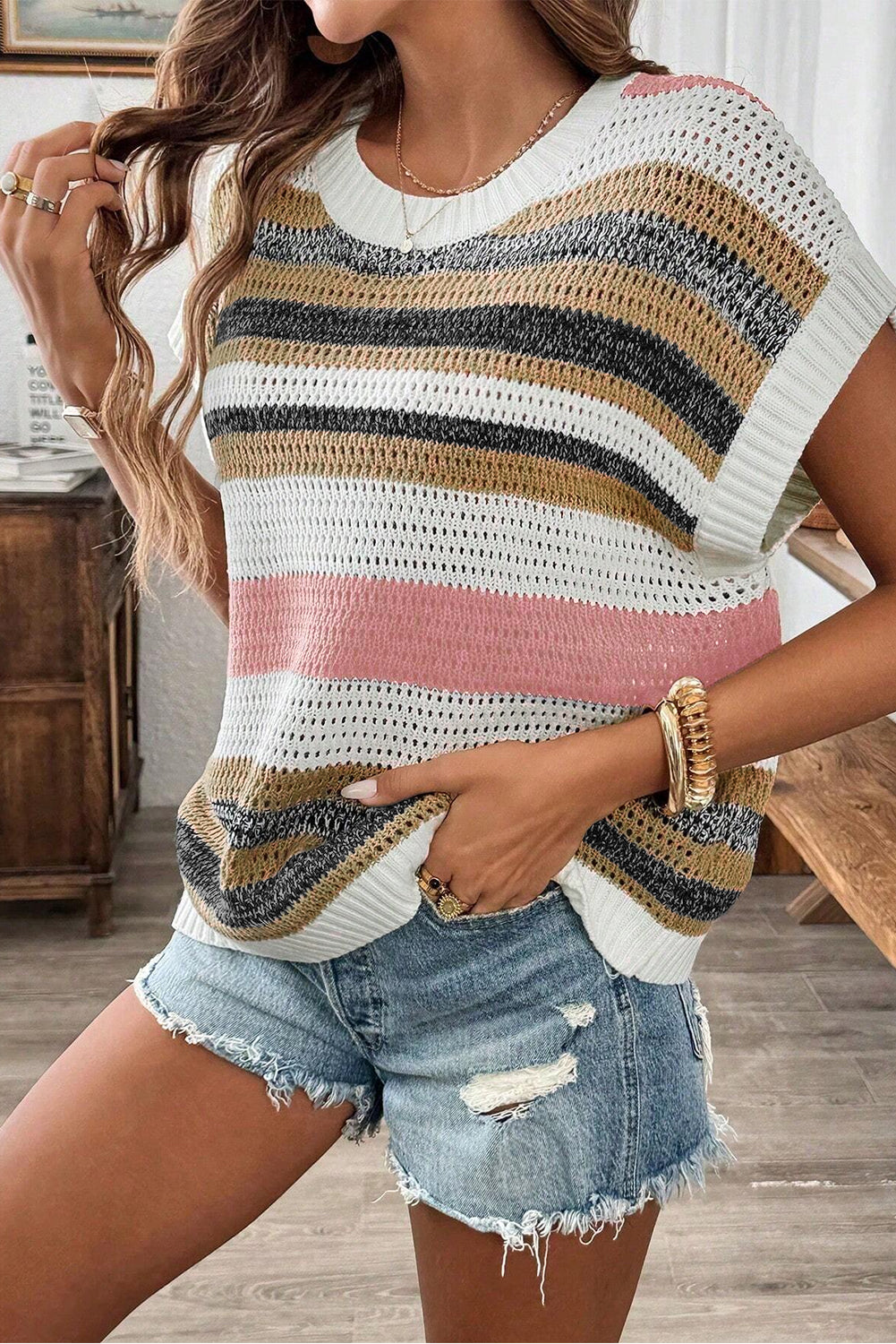 Blue Zone Planet | Pink Stripe Colorblock Eyelet Knit Short Sleeve Sweater Tee-Short Sleeve Sweater-[Adult]-[Female]-2022 Online Blue Zone Planet