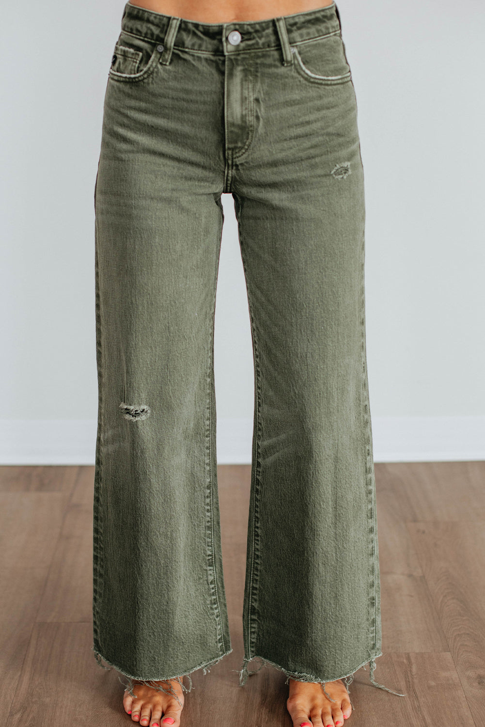 Four Leaf Clover Slight Distressed Raw Edge Wide Leg Jeans-Bottoms/Jeans-[Adult]-[Female]-2022 Online Blue Zone Planet