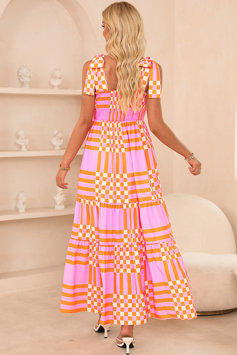 Pink Boho Gingham Tied Straps Smocked Maxi Dress-Dresses/Maxi Dresses-[Adult]-[Female]-2022 Online Blue Zone Planet