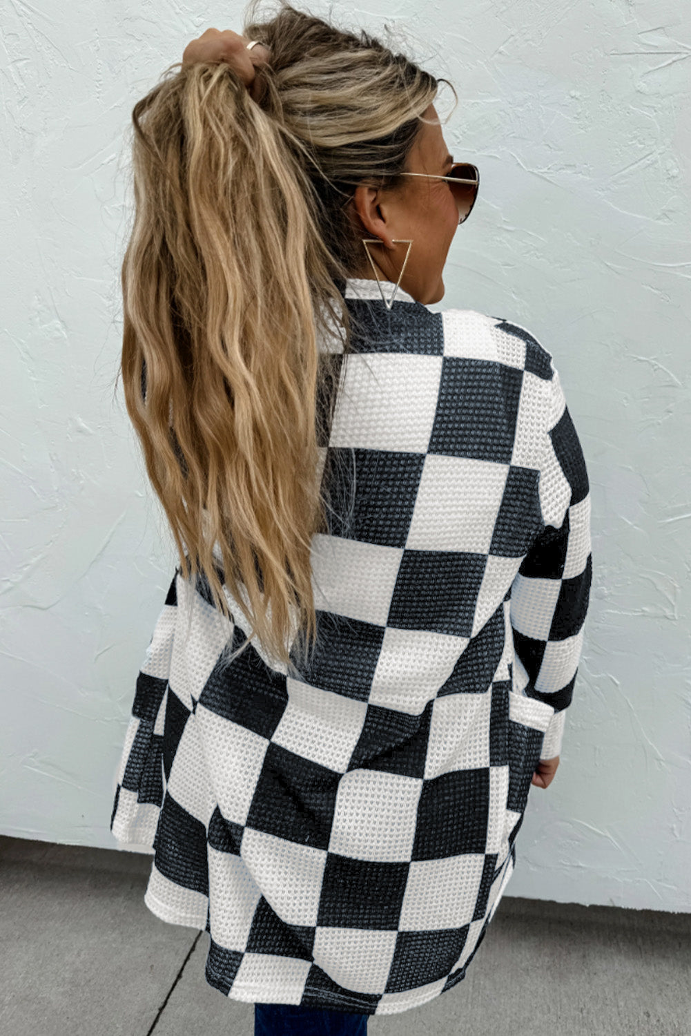 Blue Zone Planet | Black Checkered Waffle Knit Thumbhole Long Sleeve Cardigan-Cardigans-[Adult]-[Female]-2022 Online Blue Zone Planet