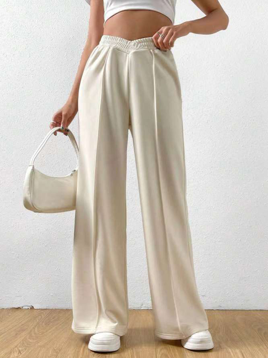 Blue Zone Planet | Elastic Waist Wide Leg Pants-BOTTOMS SIZES SMALL MEDIUM LARGE-[Adult]-[Female]-Cream-S-2022 Online Blue Zone Planet