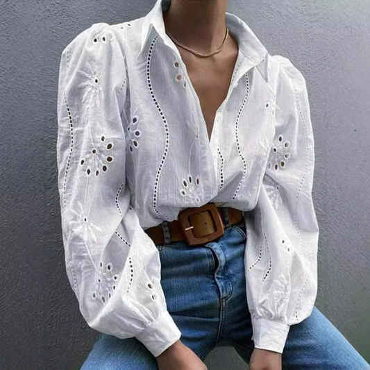 Single Breasted Embroidered Long Sleeve Lapel Shirt-TOPS / DRESSES-[Adult]-[Female]-White-S-2022 Online Blue Zone Planet