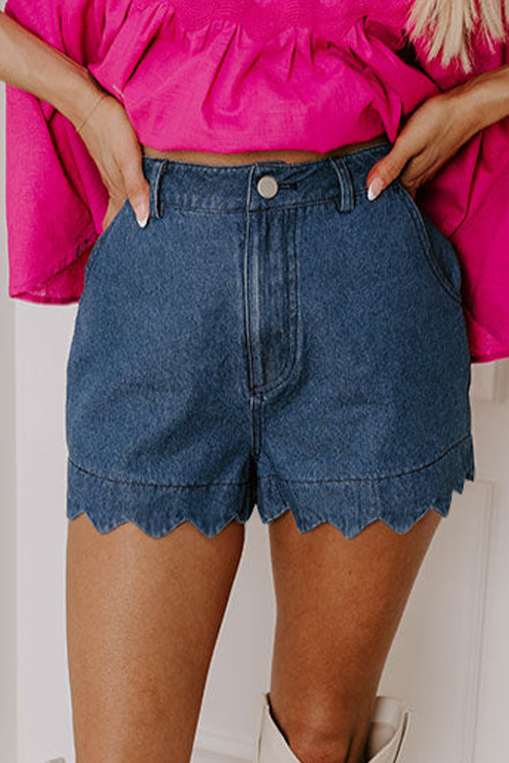 Sail Blue Scalloped Hemline Acid Wash High Waist Denim Shorts-Bottoms/Denim Shorts-[Adult]-[Female]-2022 Online Blue Zone Planet
