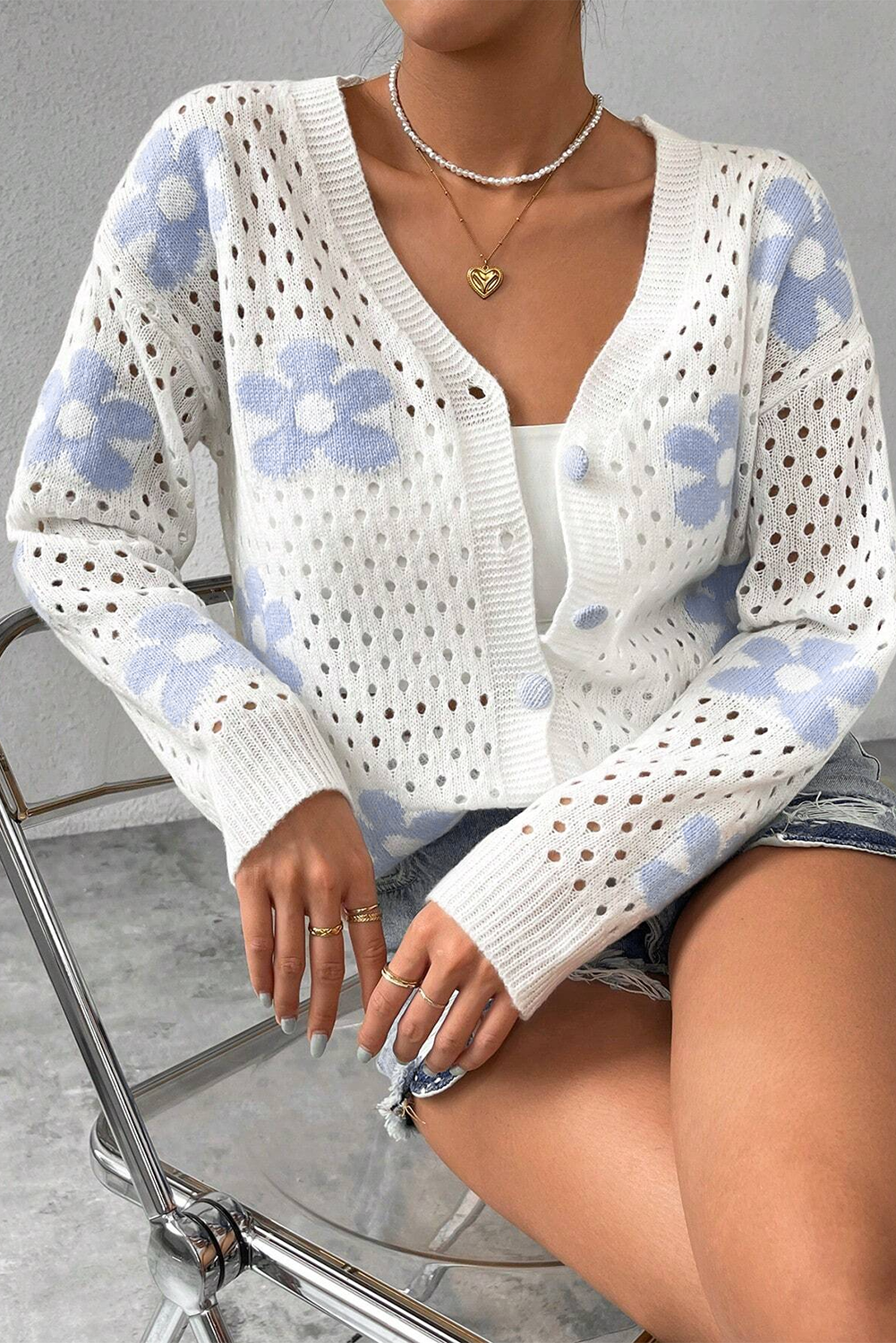 Blue Zone Planet | White Flower Knit Hollow Out Open Short Cardigan-Sweaters & Cardigans/Cardigans-[Adult]-[Female]-2022 Online Blue Zone Planet