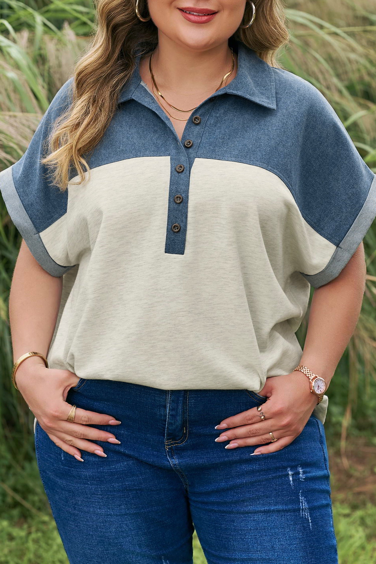 Light Grey Half Buttons Collared Denim Patchwork Plus Short Sleeve Top-Plus Size/Plus Size Tops/Plus Size Blouses & Shirts-[Adult]-[Female]-2022 Online Blue Zone Planet