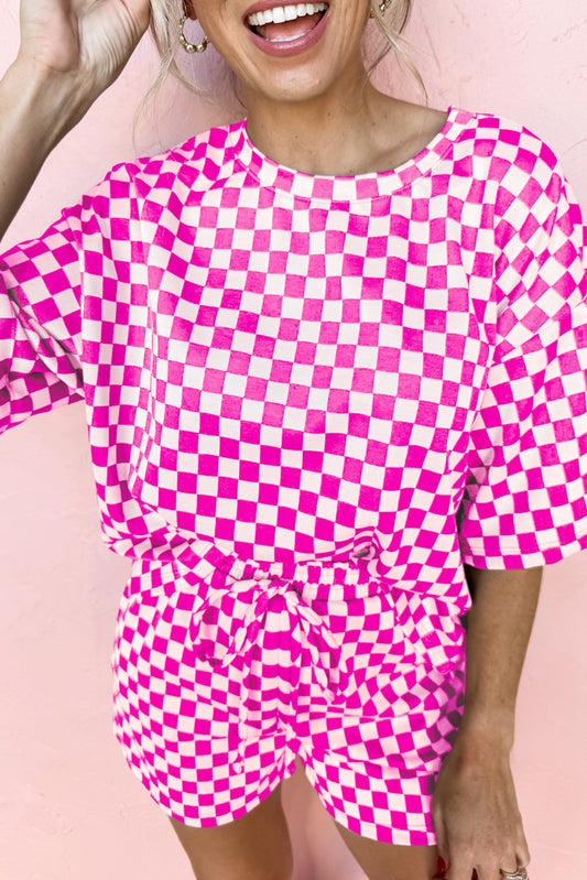 Rose Checkered Top And Short Casual 2Pcs Set-Loungewear & Sleepwear/Loungewear-[Adult]-[Female]-Rose-S-2022 Online Blue Zone Planet