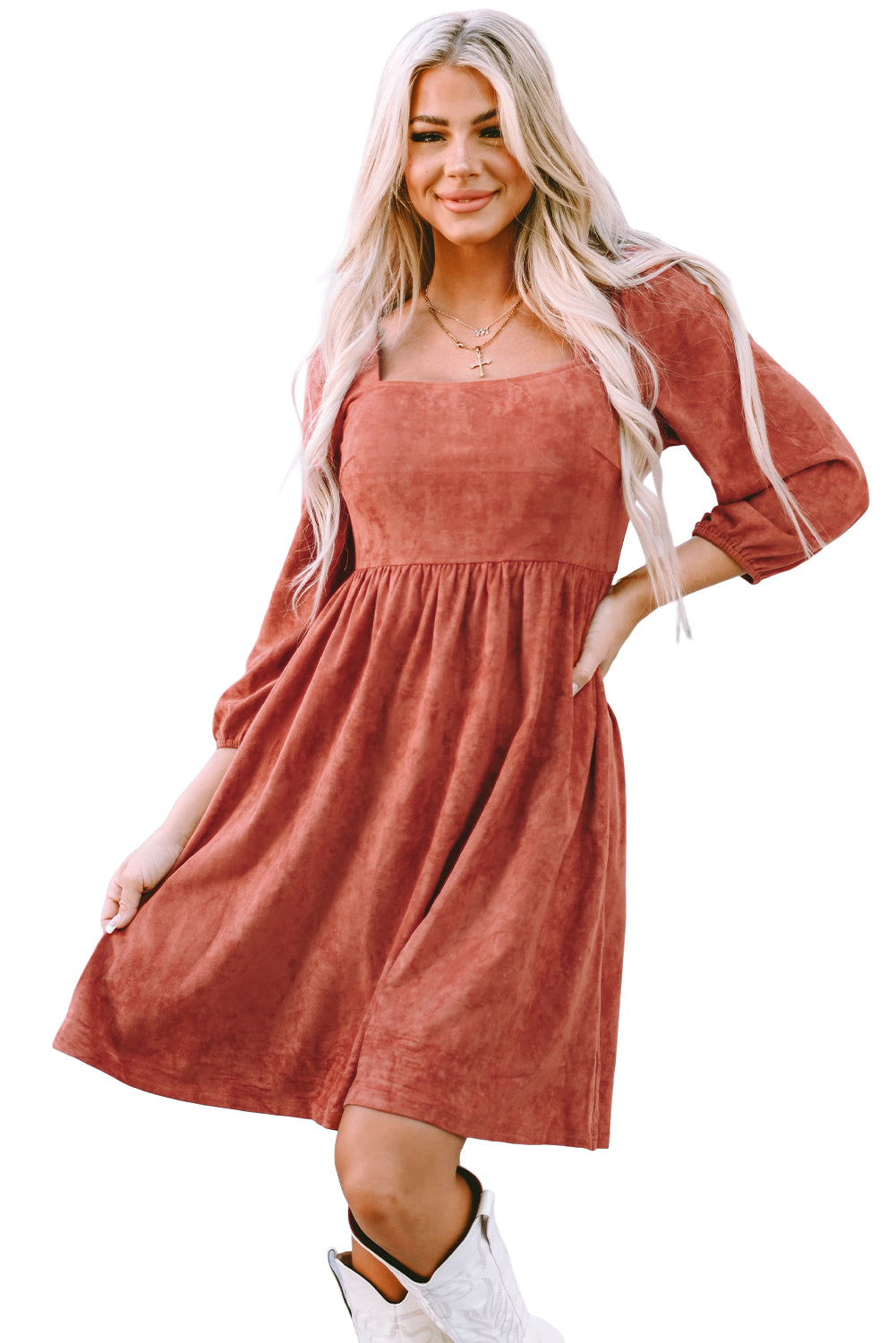 Blue Zone Planet | Brown Suede Square Neck Puff Sleeve Dress-TOPS / DRESSES-[Adult]-[Female]-2022 Online Blue Zone Planet