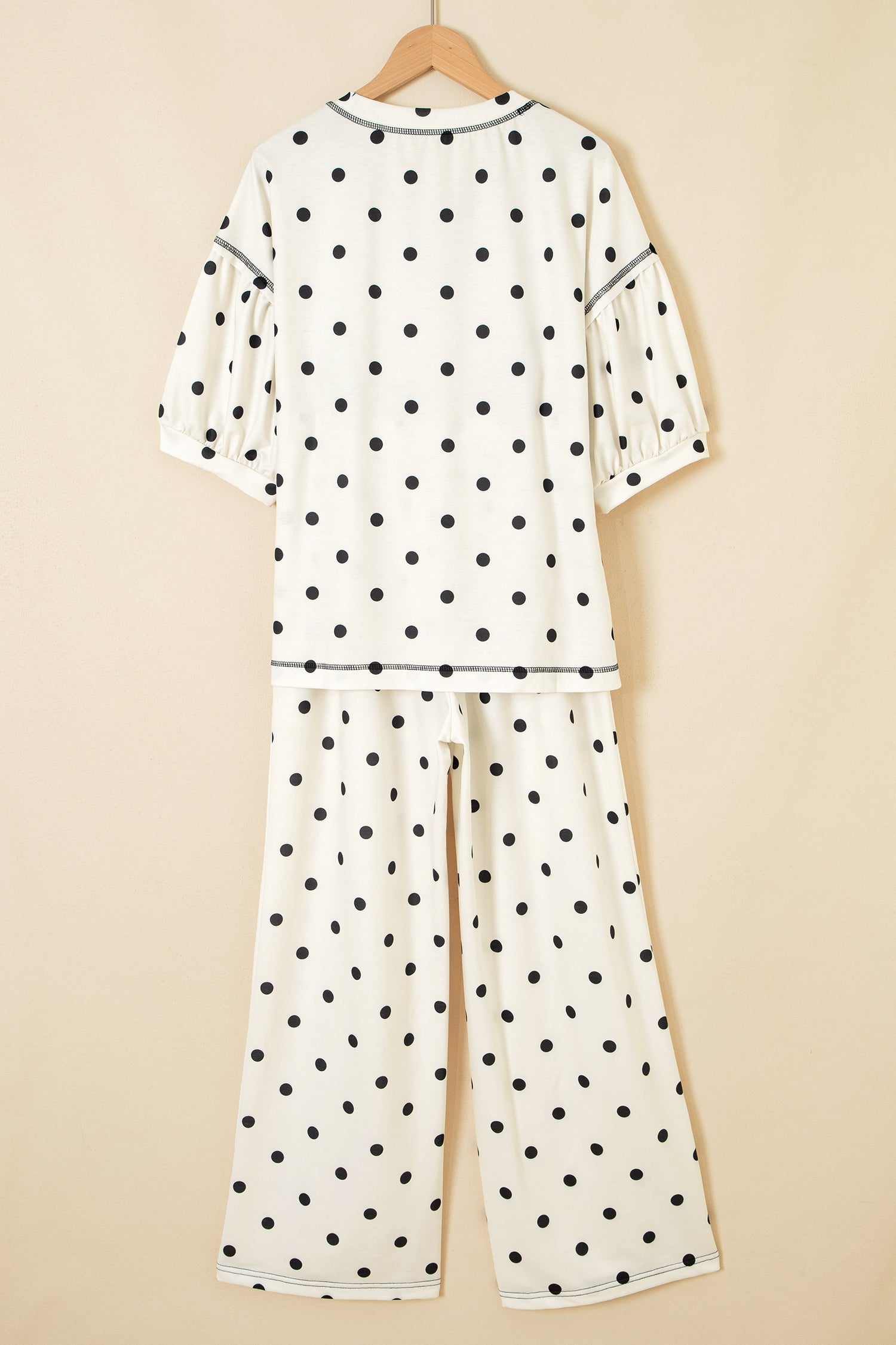 Beige Polka Dot Half Sleeve Loose Top Elastic Waist Casual Pants Set-Two Piece Sets/Pant Sets-[Adult]-[Female]-2022 Online Blue Zone Planet