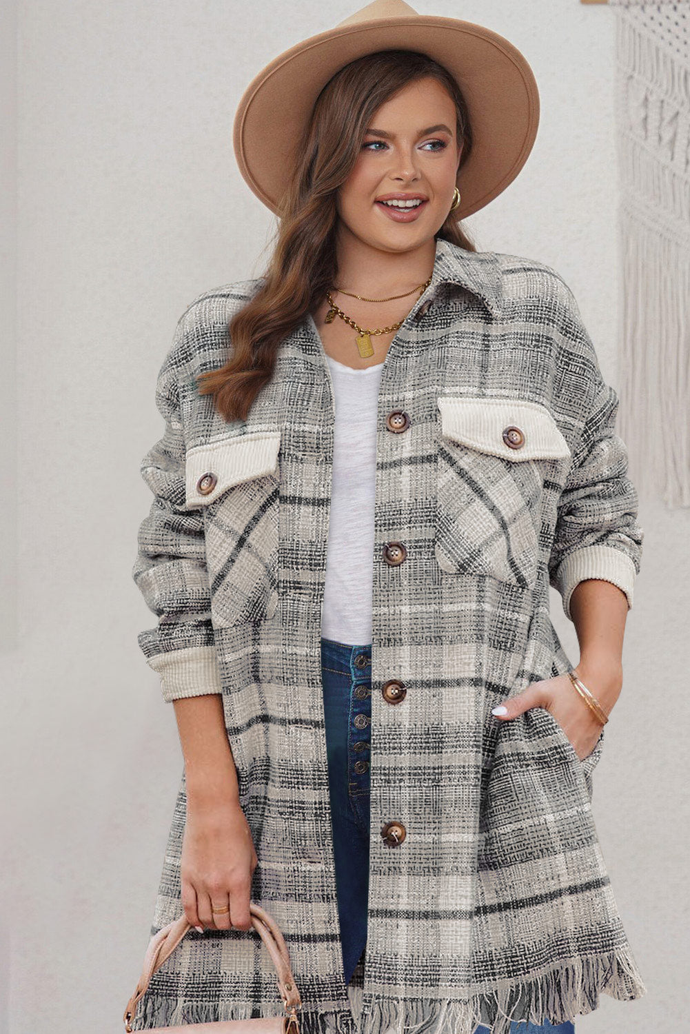 Black Plus Size Macrame Plaid Coat-Plus Size/Plus Size Outerwear-[Adult]-[Female]-2022 Online Blue Zone Planet