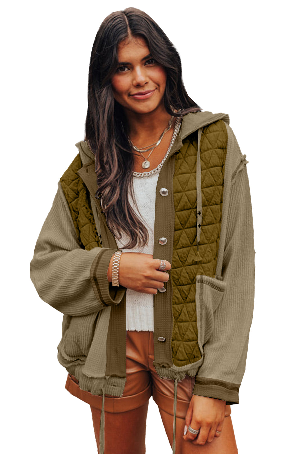 Blue Zone Planet | Jungle Green Quilted Textured Patchwork Hooded Jacket-Jackets-[Adult]-[Female]-2022 Online Blue Zone Planet