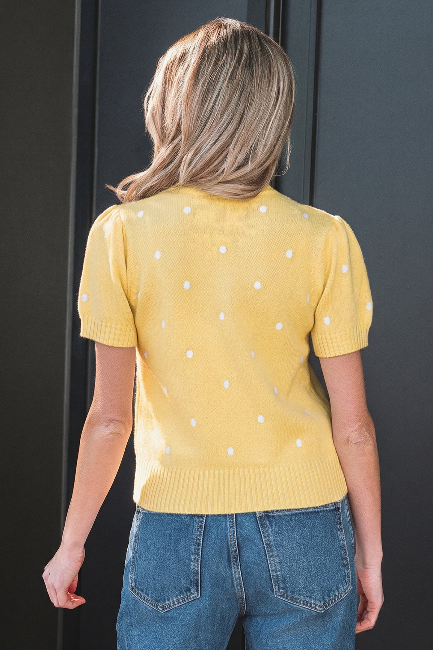 Yellow Cream Elegant Polka Dot Bubble Short Sleeve Sweater-TOPS / DRESSES-[Adult]-[Female]-2022 Online Blue Zone Planet