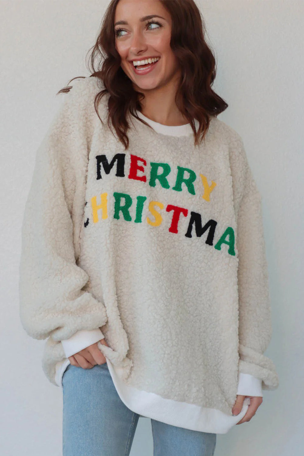 White MERRY CHRISTMAS Multicolor Embroidered Sherpa Pullover Sweatshirt-Tops/Sweatshirts & Hoodies-[Adult]-[Female]-2022 Online Blue Zone Planet