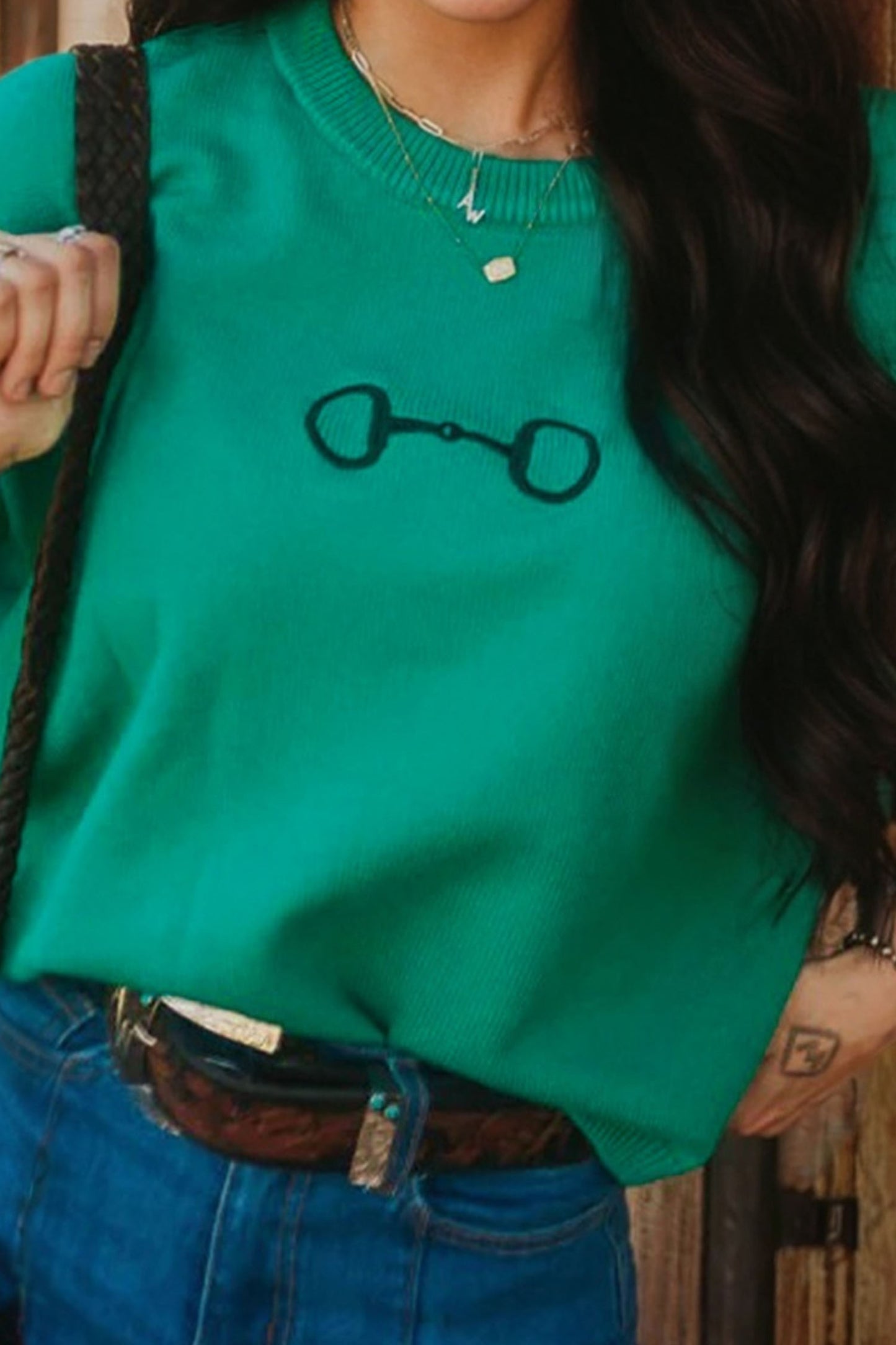 Bright Green Horse Bit Embroidered Loose Short Sleeve Sweater-TOPS / DRESSES-[Adult]-[Female]-2022 Online Blue Zone Planet