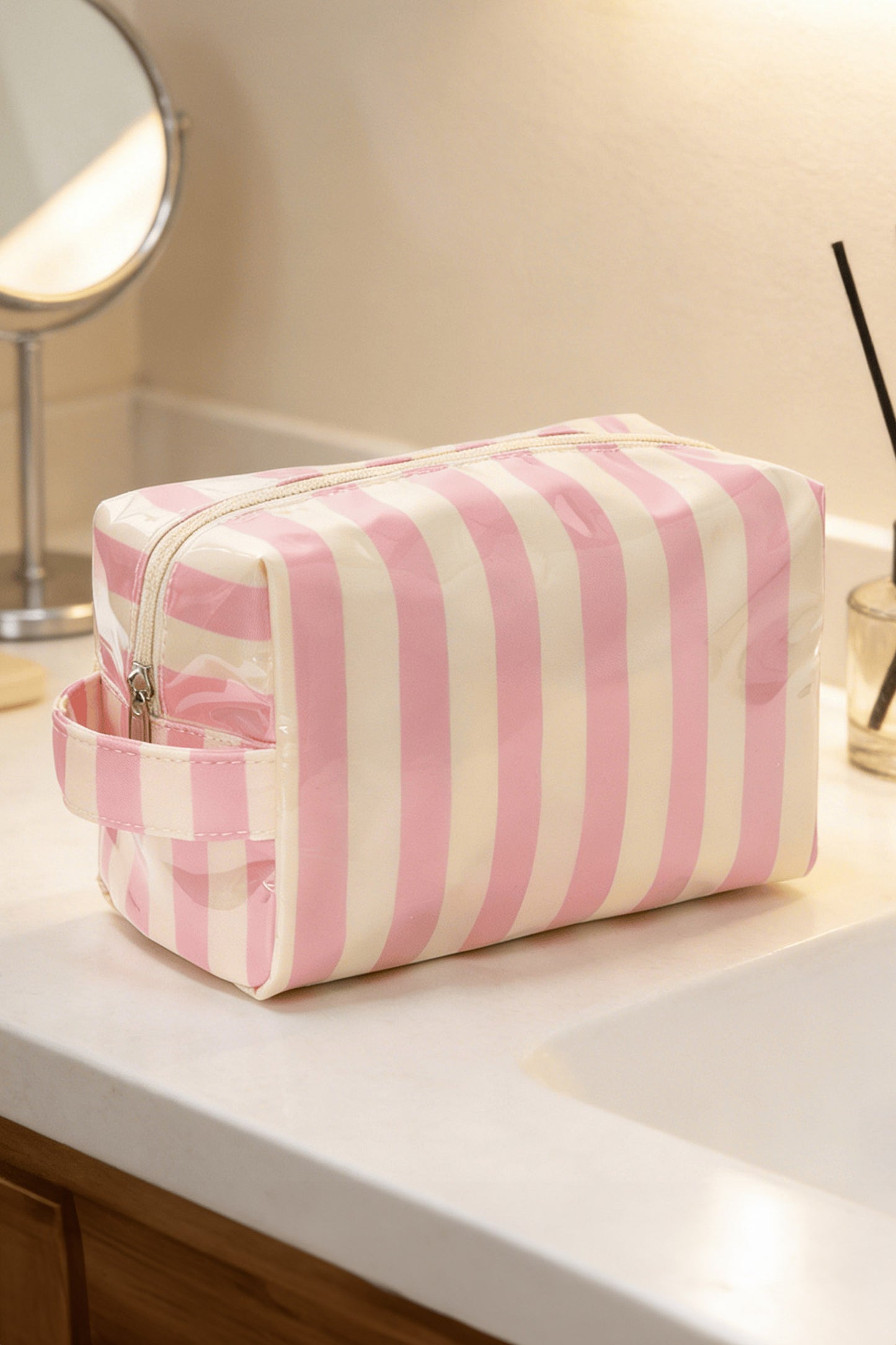 Light Pink PVC Striped Cosmetic Bag Durable Zipper Handle Travel Organizer