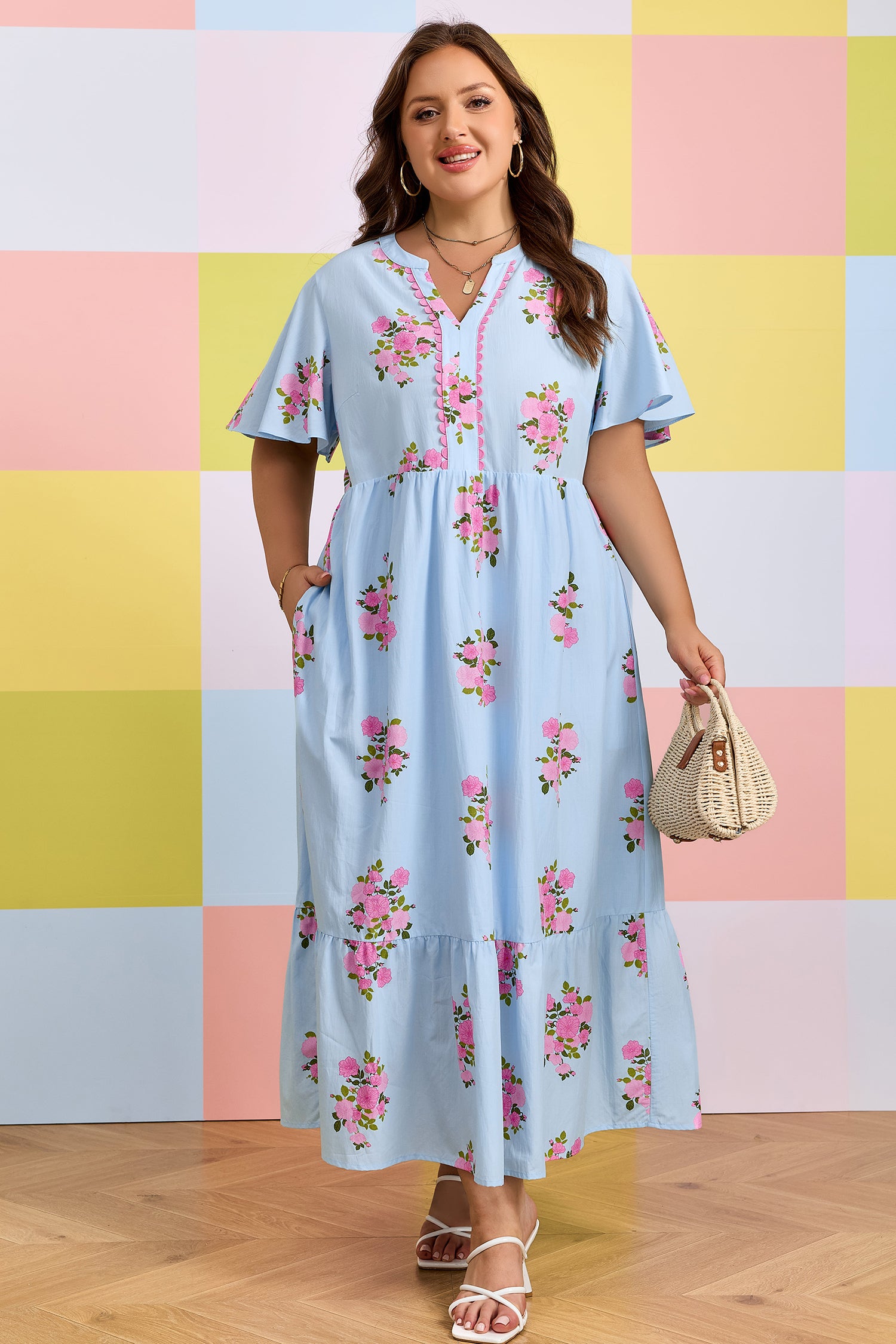 Sky Blue Plus Size Floral Print Scalloped Trim V-Neck Dress-Plus Size/Plus Size Dresses/Plus Size Maxi Dresses-[Adult]-[Female]-Sky Blue-1X-2022 Online Blue Zone Planet