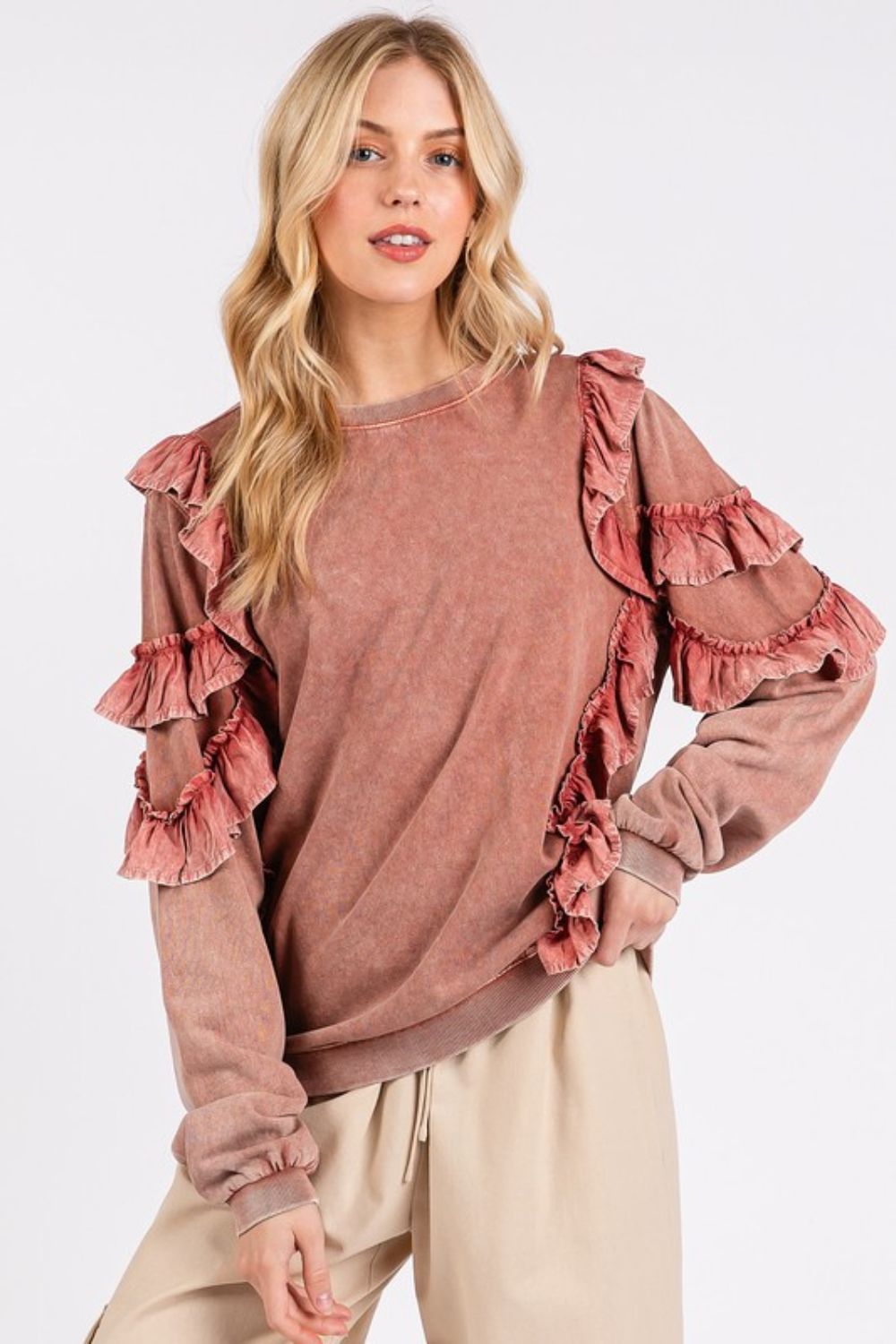Mittoshop Ruffled Mineral Washed Round Neck Long Sleeve Sweatshirt-TOPS / DRESSES-[Adult]-[Female]-2022 Online Blue Zone Planet