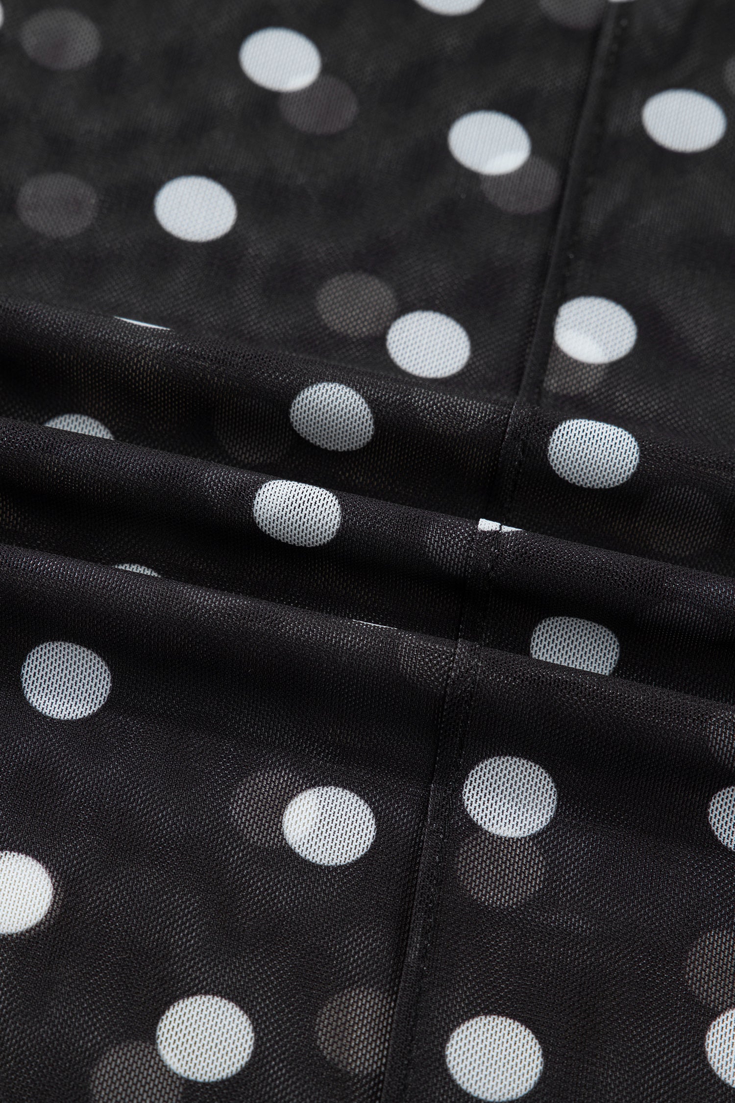 Black Polka Dot Patterned Bodycon Mock Neck Mesh Long Sleeve Top-Tops/Long Sleeve Tops-[Adult]-[Female]-2022 Online Blue Zone Planet