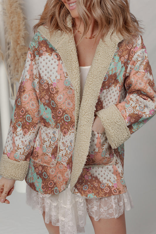 Khaki Vintage Floral Printed Sherpa Lined Hooded Jacket-Tops / Dresses-[Adult]-[Female]-Khaki-S-2022 Online Blue Zone Planet