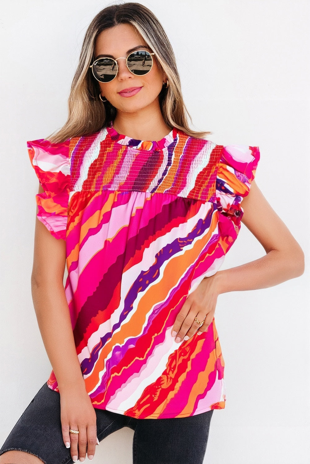 Rose Abstract Print Shirred Yoke Ruffled Blouse-Tops/Blouses & Shirts-[Adult]-[Female]-Rose-S-2022 Online Blue Zone Planet
