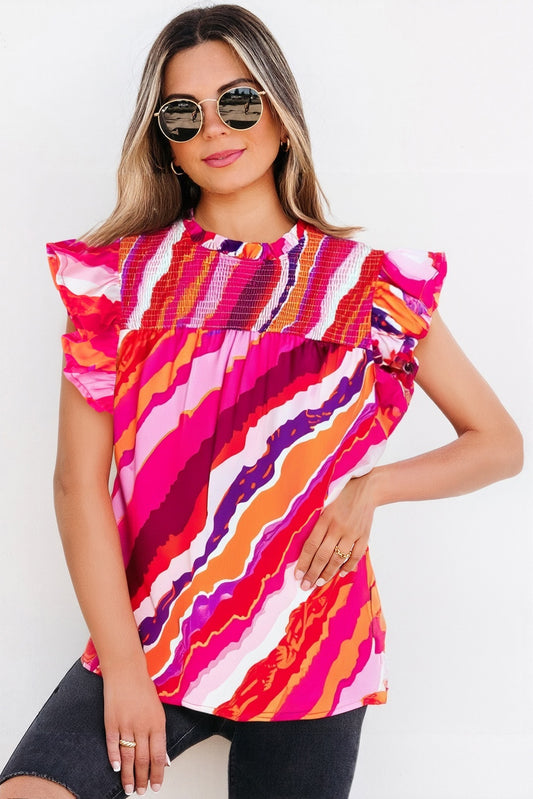 Rose Abstract Print Shirred Yoke Ruffled Blouse-Tops/Blouses & Shirts-[Adult]-[Female]-Rose-S-2022 Online Blue Zone Planet