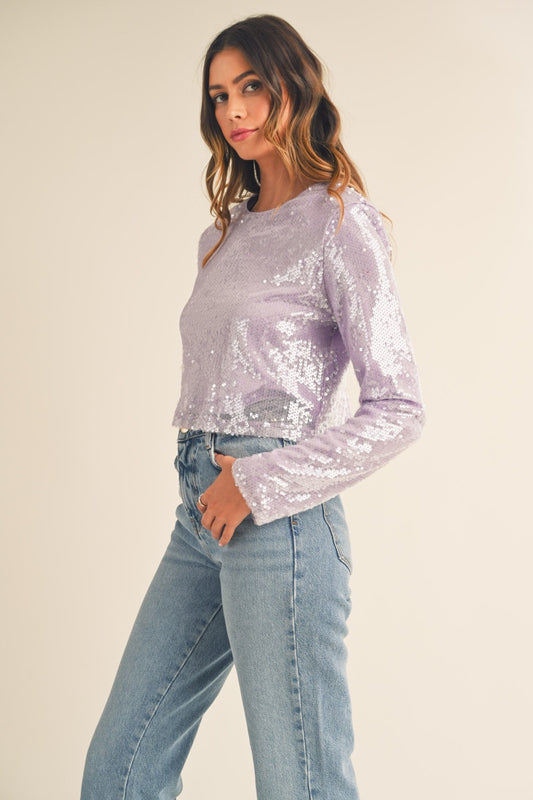 MABLE Shoulder Padded Sequin Crop Top-TOPS / DRESSES-[Adult]-[Female]-Lavender-S-2022 Online Blue Zone Planet