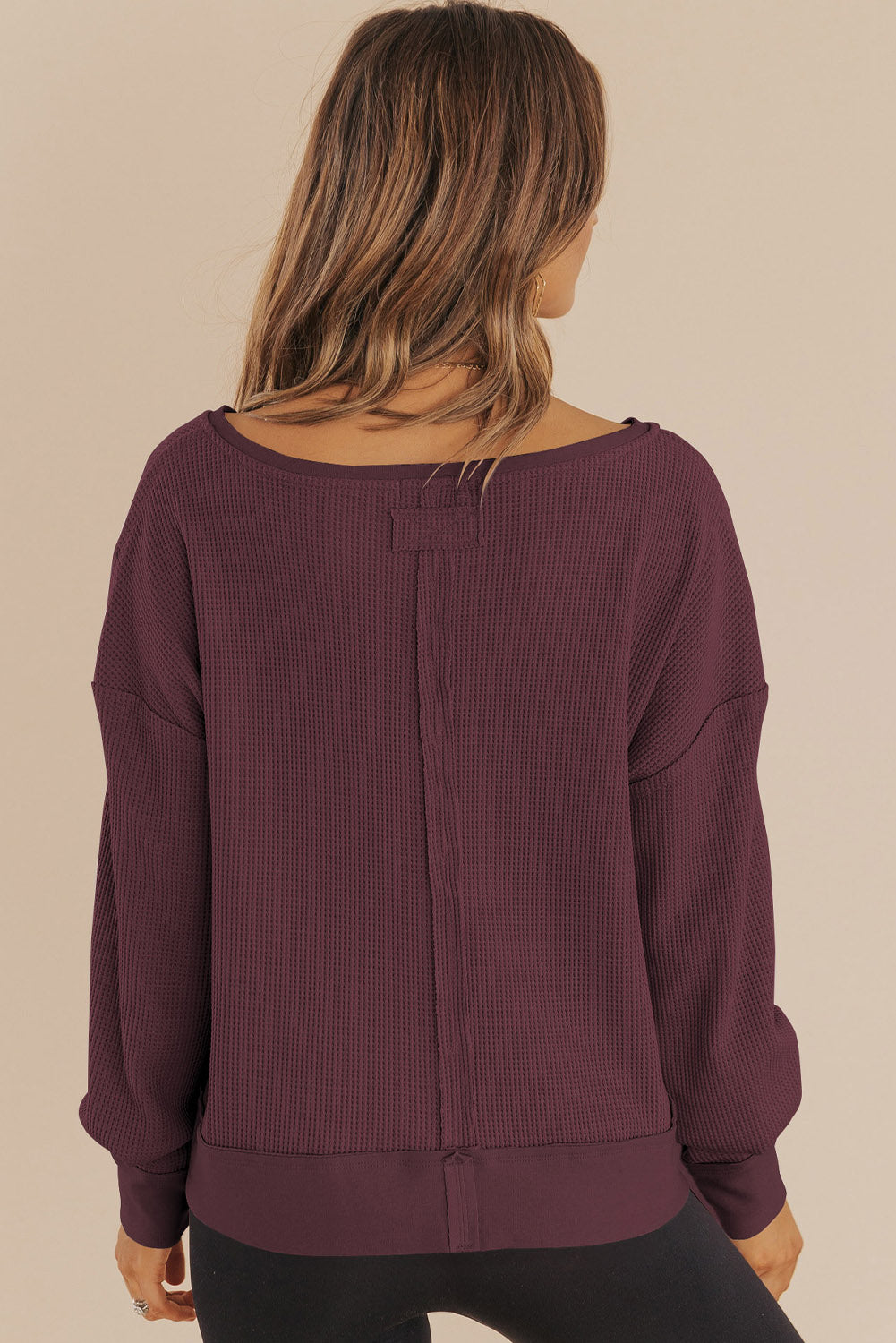 Black Waffle Knit Notched V Neck Drop Shoulder Solid Sweatshirt-Tops/Sweatshirts & Hoodies-[Adult]-[Female]-2022 Online Blue Zone Planet