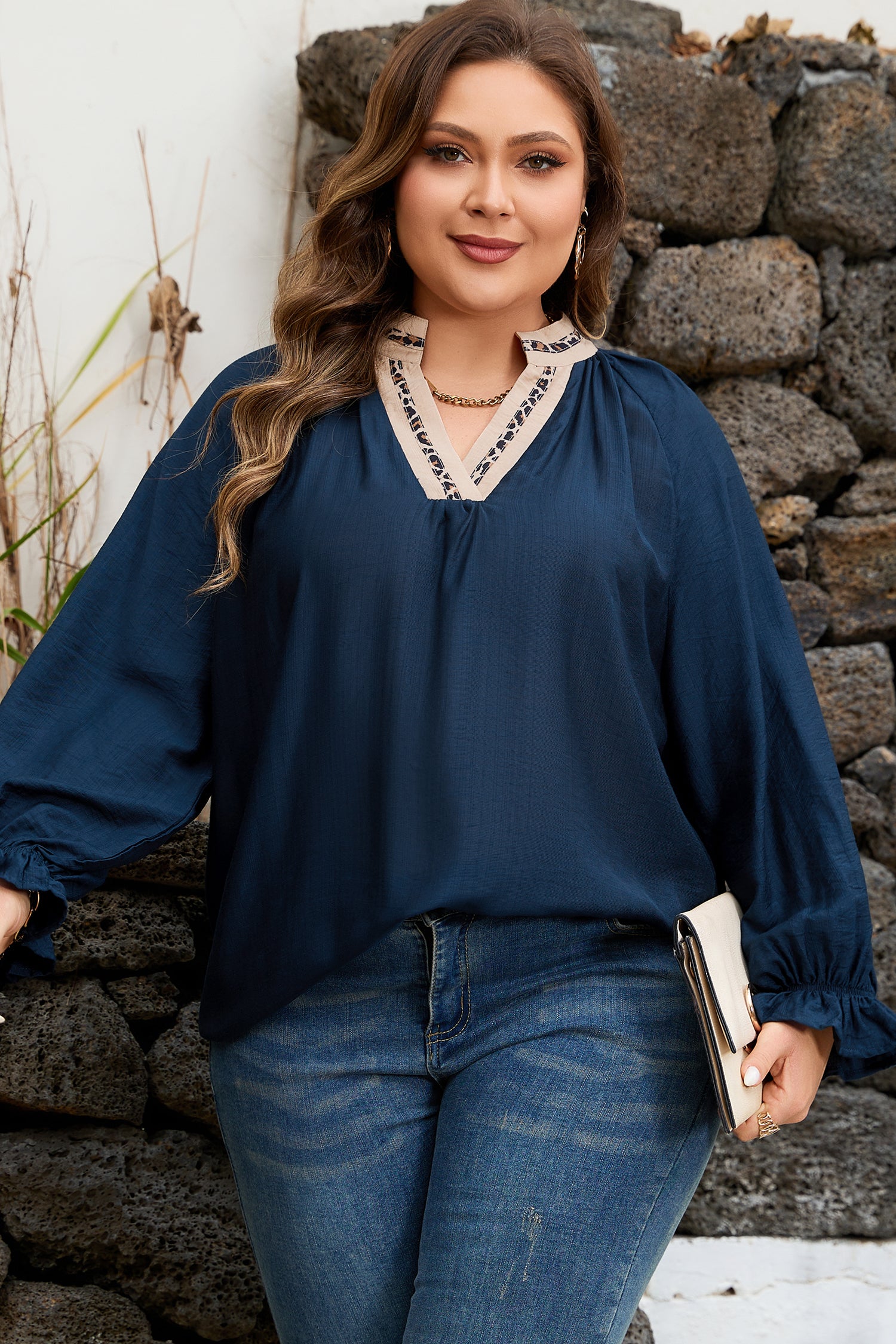 Navy Blue Contrast Leopard Patchwork Collar Plus Size Long Flounce Sleeve Blouse-Plus Size/Plus Size Tops/Plus Size Blouses & Shirts-[Adult]-[Female]-2022 Online Blue Zone Planet