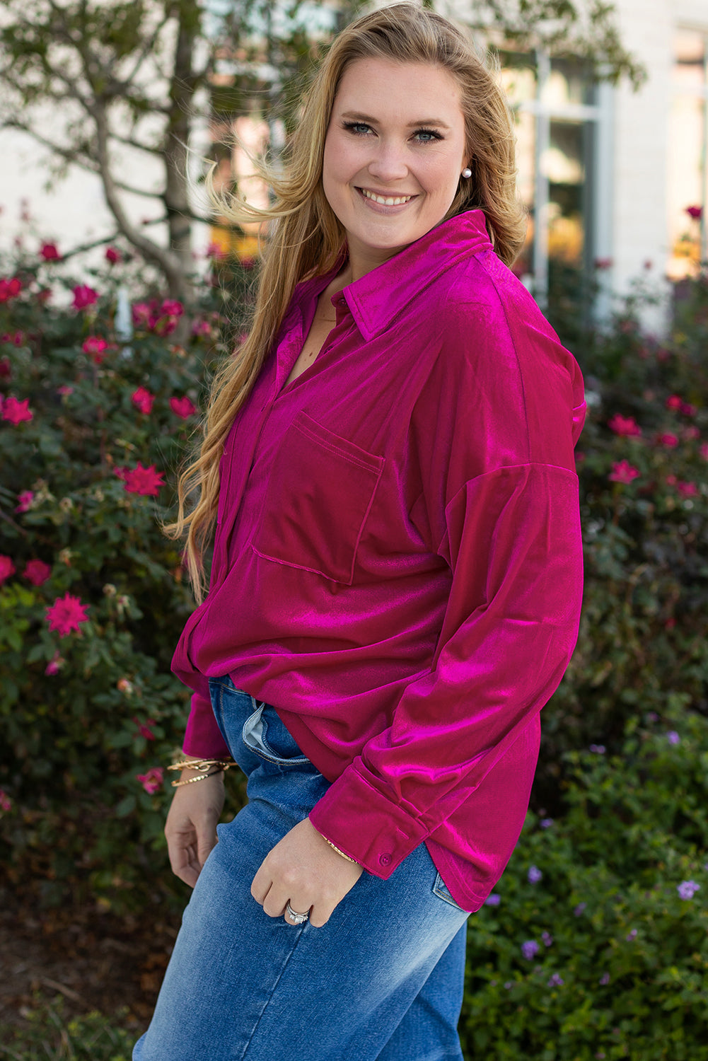 Blue Zone Planet | Chestnut Plus Size Velvet Chest Pocket Drop Shoulder Shirt-Plus Size/Plus Size Tops/Plus Size Blouses & Shirts-[Adult]-[Female]-2022 Online Blue Zone Planet