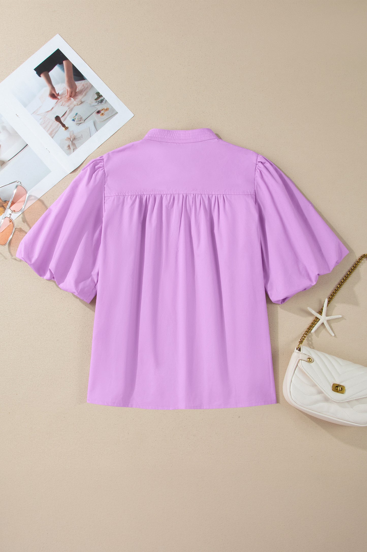 Phalaenopsis Stitched Detail V Neck Puffy Half Sleeve Blouse-Tops/Blouses & Shirts-[Adult]-[Female]-2022 Online Blue Zone Planet
