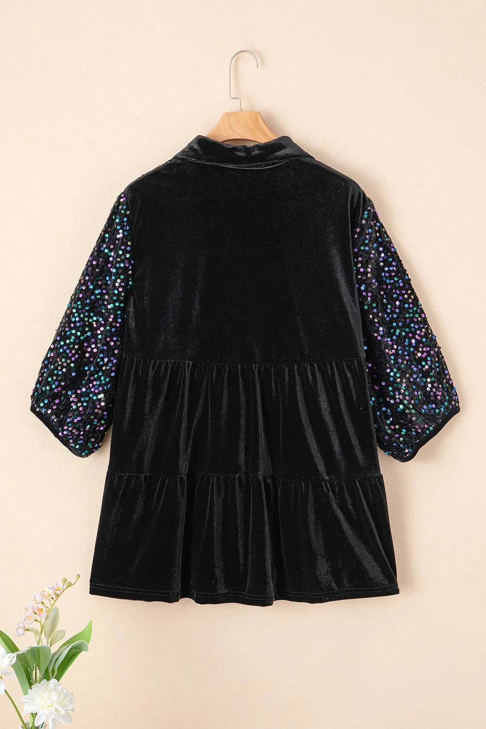 Sequin Collared Neck Three-Quarter Sleeve Oversize Shirt-TOPS / DRESSES-[Adult]-[Female]-2022 Online Blue Zone Planet