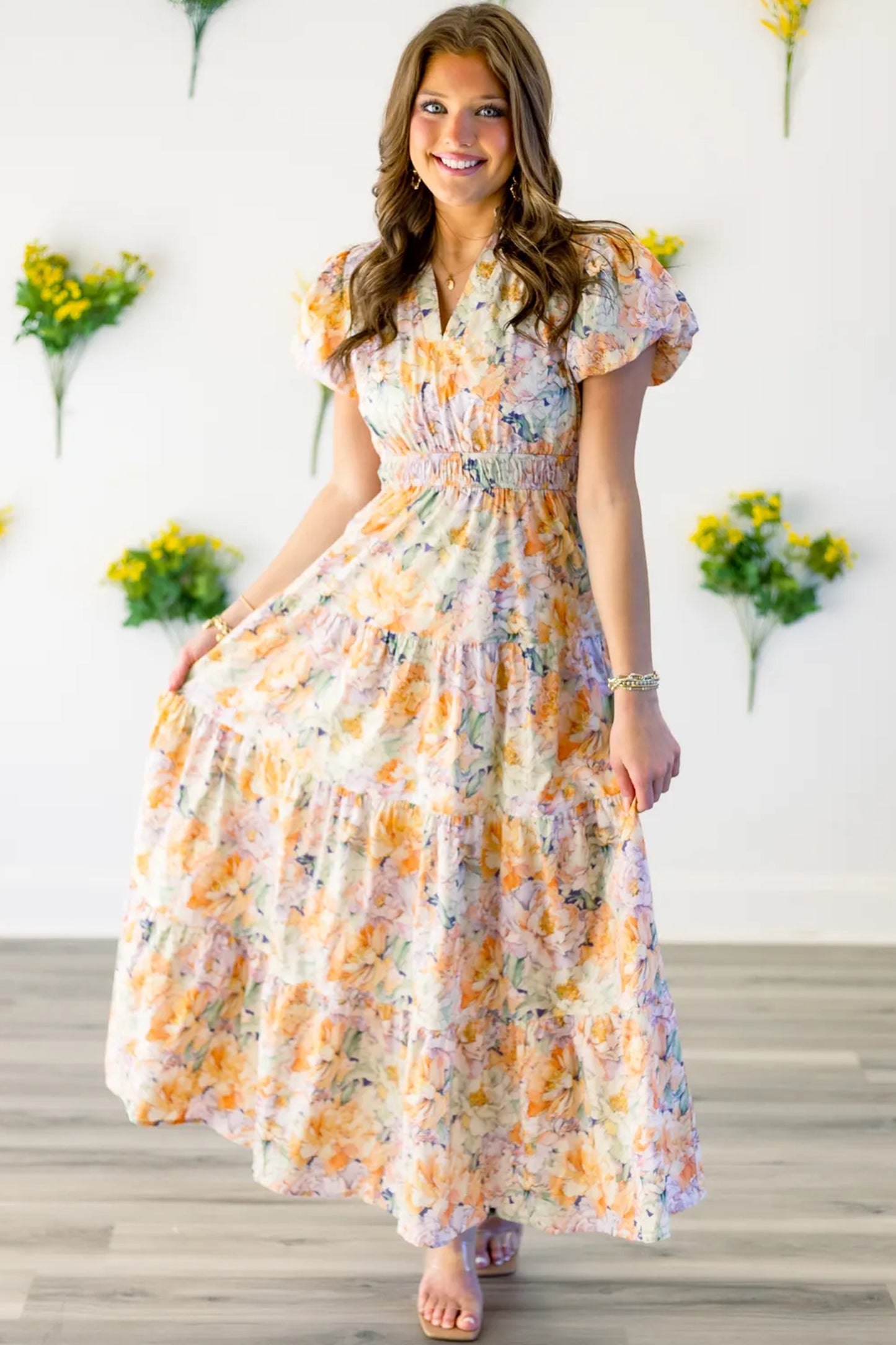 Orange Floral Bubble Sleeve V Neck Flared Maxi Dress-Dresses/Floral Dresses-[Adult]-[Female]-2022 Online Blue Zone Planet