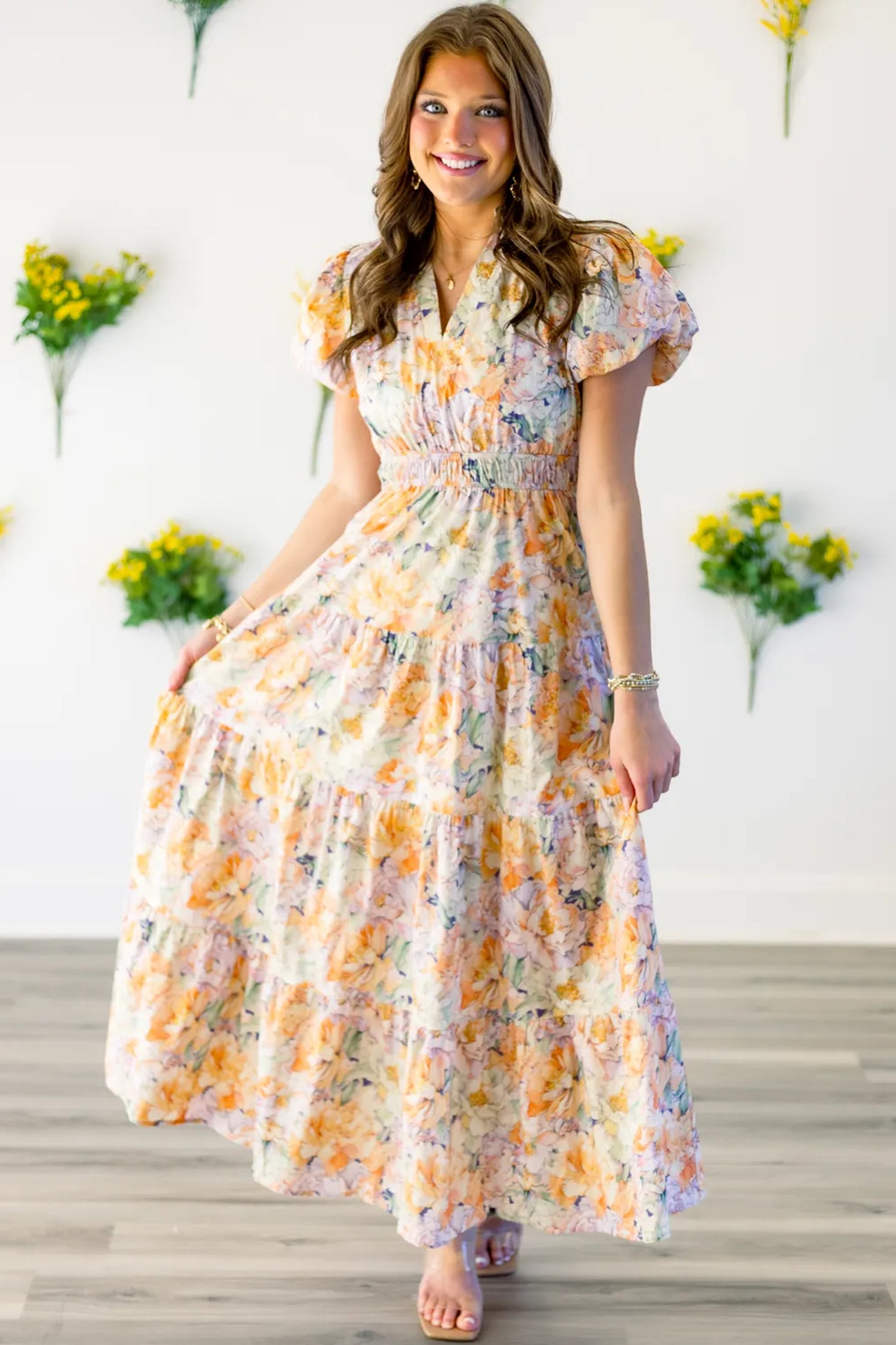 Orange Floral Bubble Sleeve V Neck Flared Maxi Dress-Dresses/Floral Dresses-[Adult]-[Female]-2022 Online Blue Zone Planet