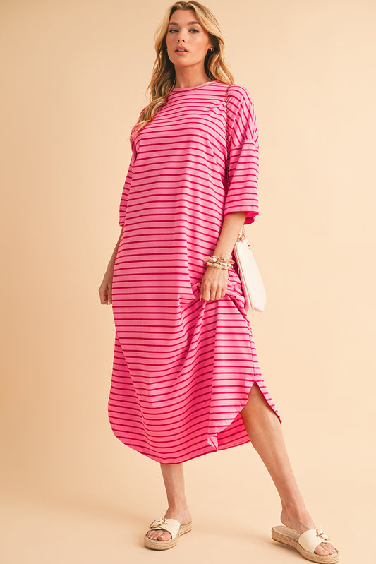 Strawberry Pink Striped Drop Sleeve Loose Dress-Maxi Dresses-[Adult]-[Female]-Strawberry Pink-S-2022 Online Blue Zone Planet