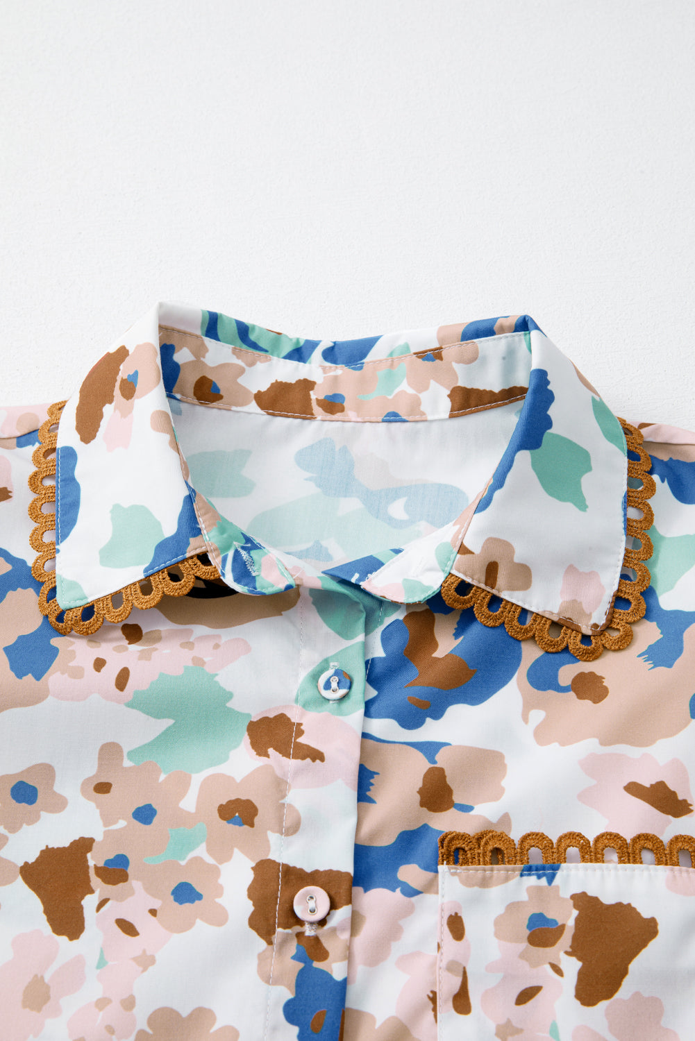 Multicolour Floral Print Ricrac Trim Collared Puff Short Sleeve Shirt-Tops/Blouses & Shirts-[Adult]-[Female]-2022 Online Blue Zone Planet