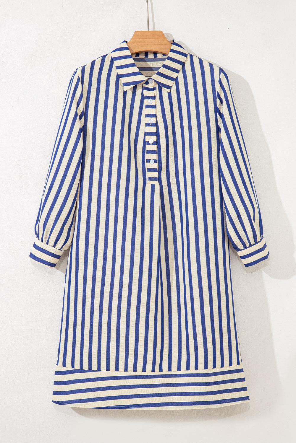 Blue Stripe Collared Half Button Side Pockets Loose Fit Mini Dress-Dresses/Mini Dresses-[Adult]-[Female]-2022 Online Blue Zone Planet