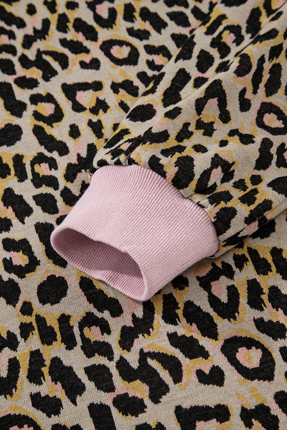 Pink Leopard Print Contrast Edge Long Sleeve Pullover Shorts Set-Two Piece Sets/Short Sets-[Adult]-[Female]-2022 Online Blue Zone Planet