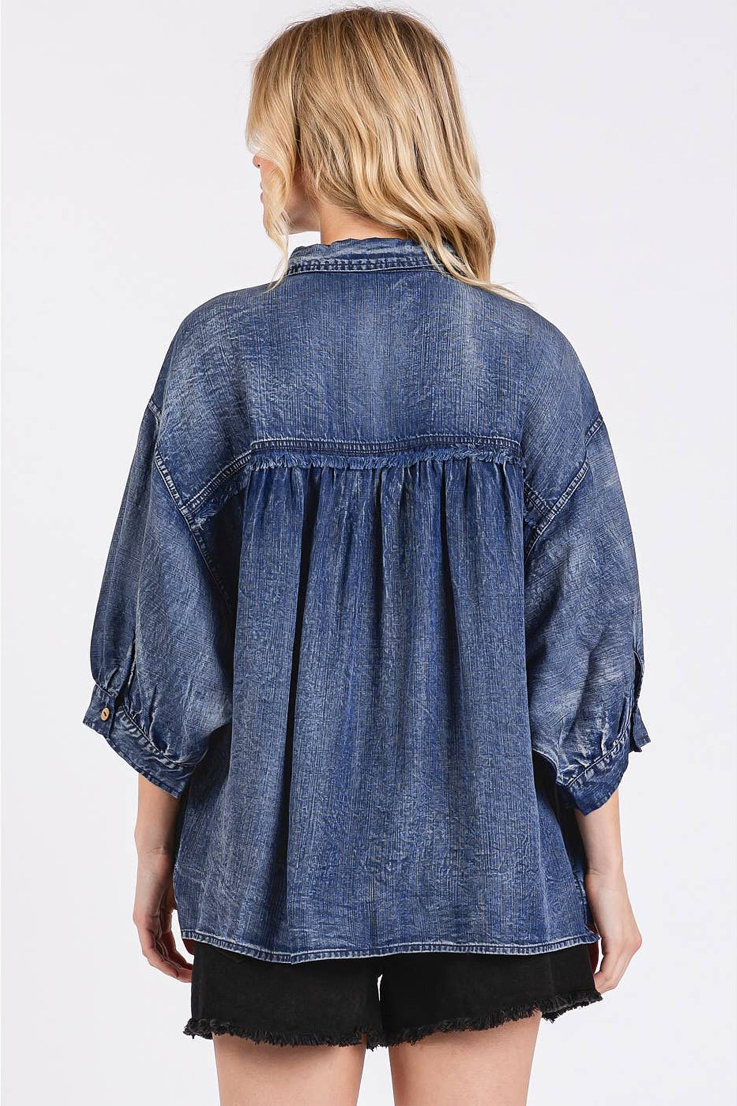 Dusk Blue Three Quarter Sleeve Button Front Loose Denim Shirt-Tops/Blouses & Shirts-[Adult]-[Female]-2022 Online Blue Zone Planet