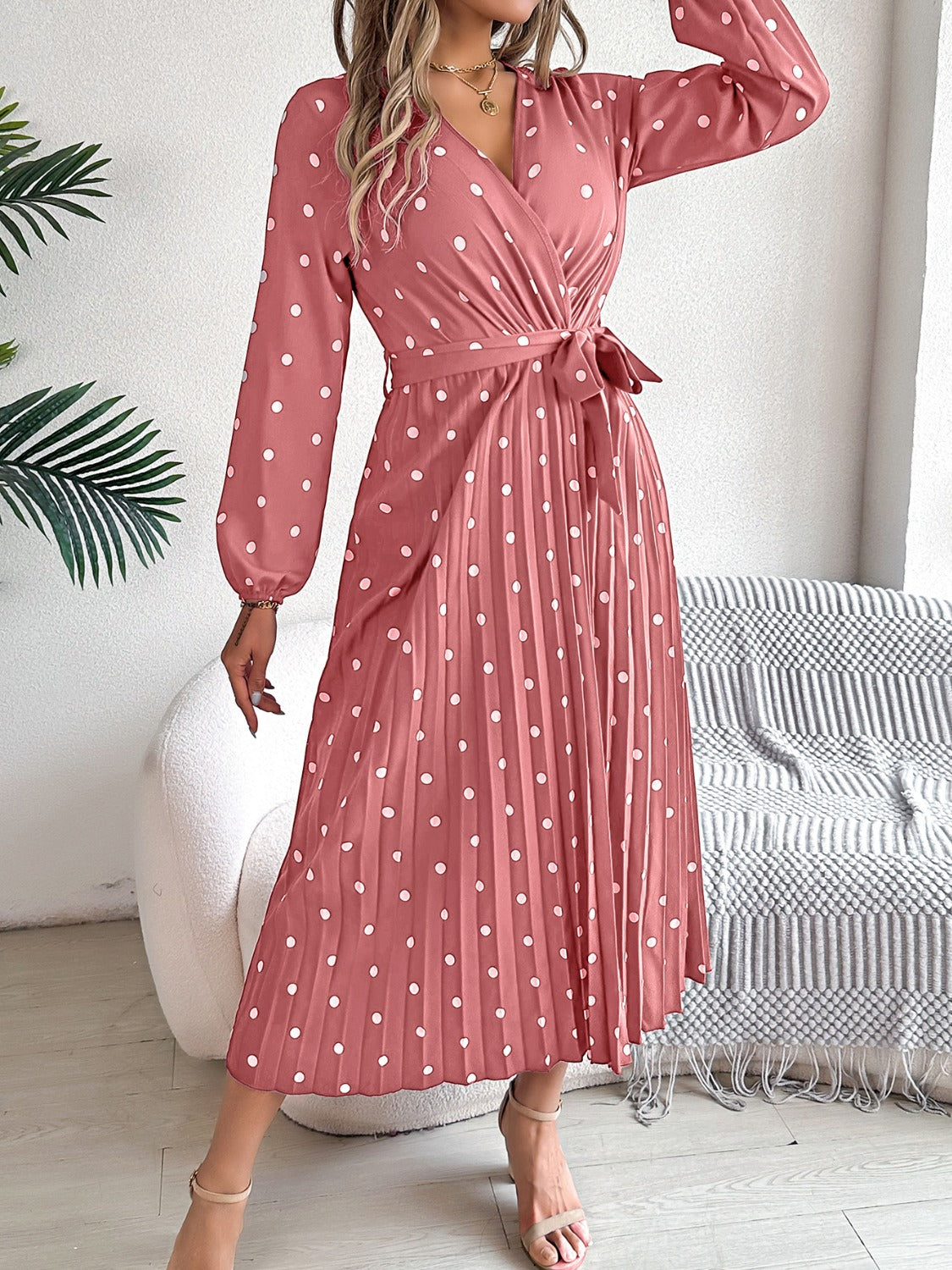 Blue Zone Planet | Tied Polka Dot Long Sleeve Midi Dress-TOPS / DRESSES-[Adult]-[Female]-2022 Online Blue Zone Planet