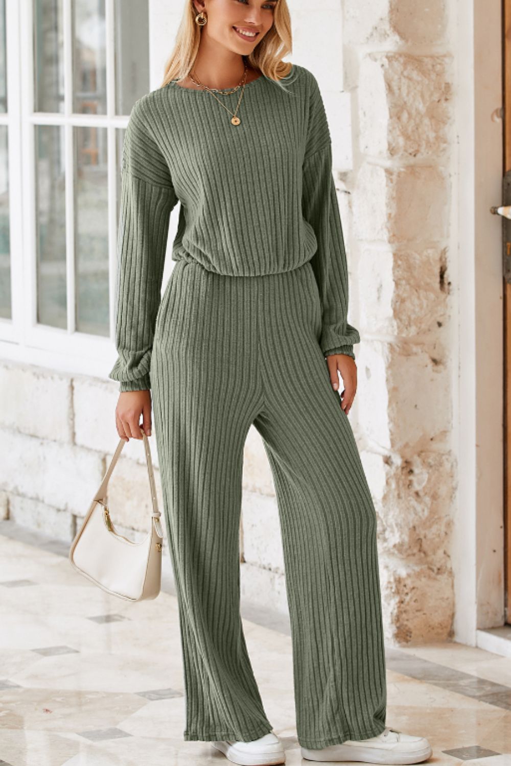 Round Neck Long Sleeve Jumpsuit-TOPS / DRESSES-[Adult]-[Female]-2022 Online Blue Zone Planet