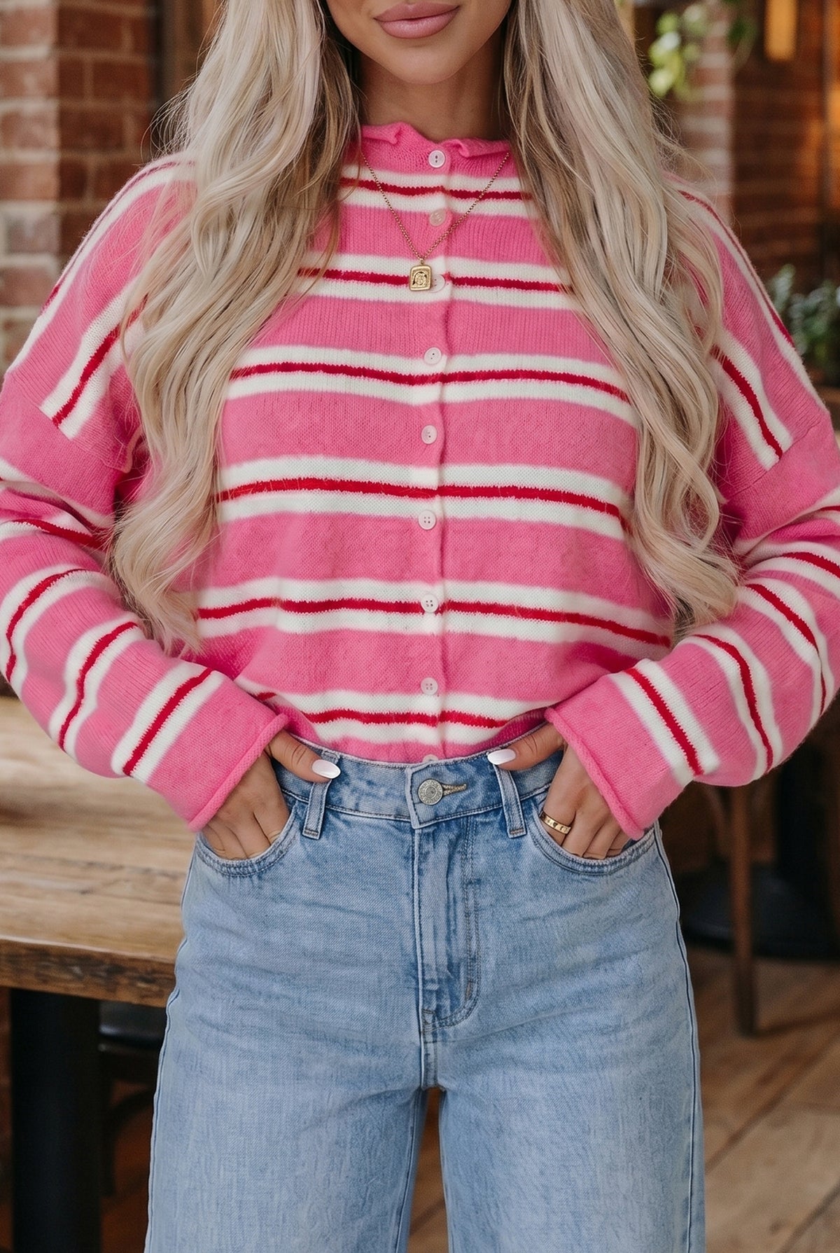 Blue Stripe Striped Drop Shoulder Button Cardigan-Sweaters & Cardigans/Cardigans-[Adult]-[Female]-Pink Stripe-S-2022 Online Blue Zone Planet