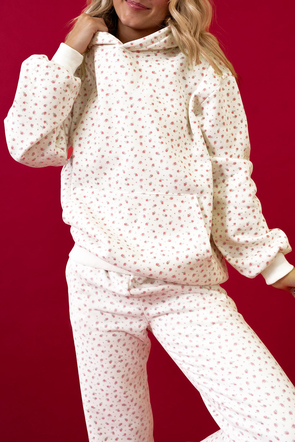 Pink Floral Print Kangaroo Pocket Hoodie Sheath Sweatpants Set-Tops / Dresses-[Adult]-[Female]-2022 Online Blue Zone Planet