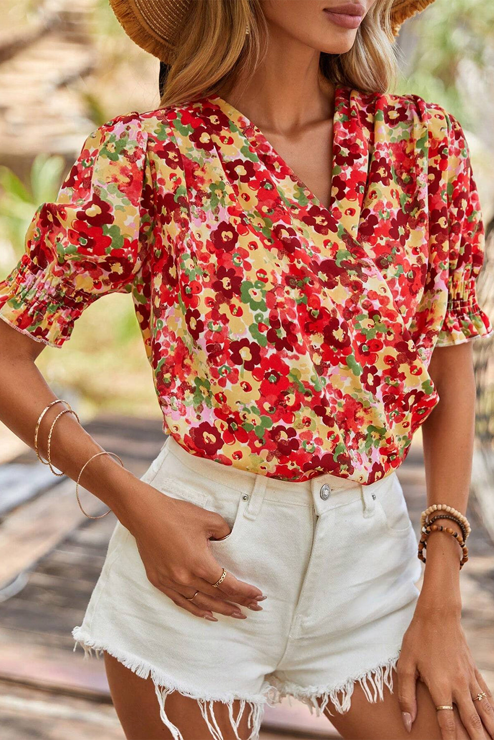 Red Floral Bubble Sleeve Pleated V Neck Wrap Blouse-Tops/Blouses & Shirts-[Adult]-[Female]-Red-S-2022 Online Blue Zone Planet