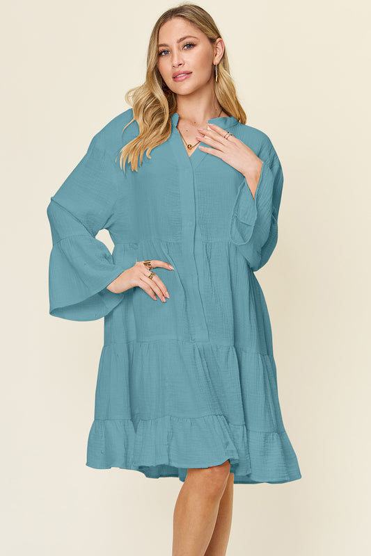 Double Take Full Size Texture Button Up Ruffle Hem Dress-TOPS / DRESSES-[Adult]-[Female]-Cerulean-S-2022 Online Blue Zone Planet