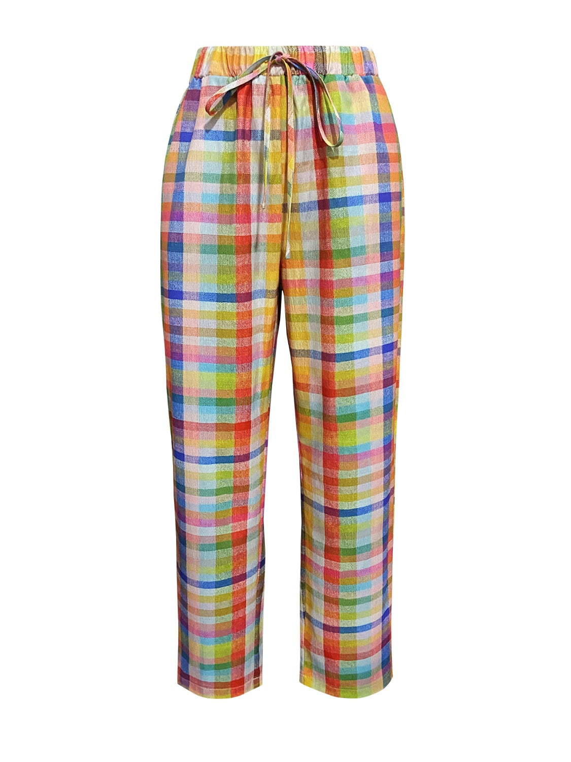 Tied Contrast Plaid Pants with Pockets-[Adult]-[Female]-2022 Online Blue Zone Planet