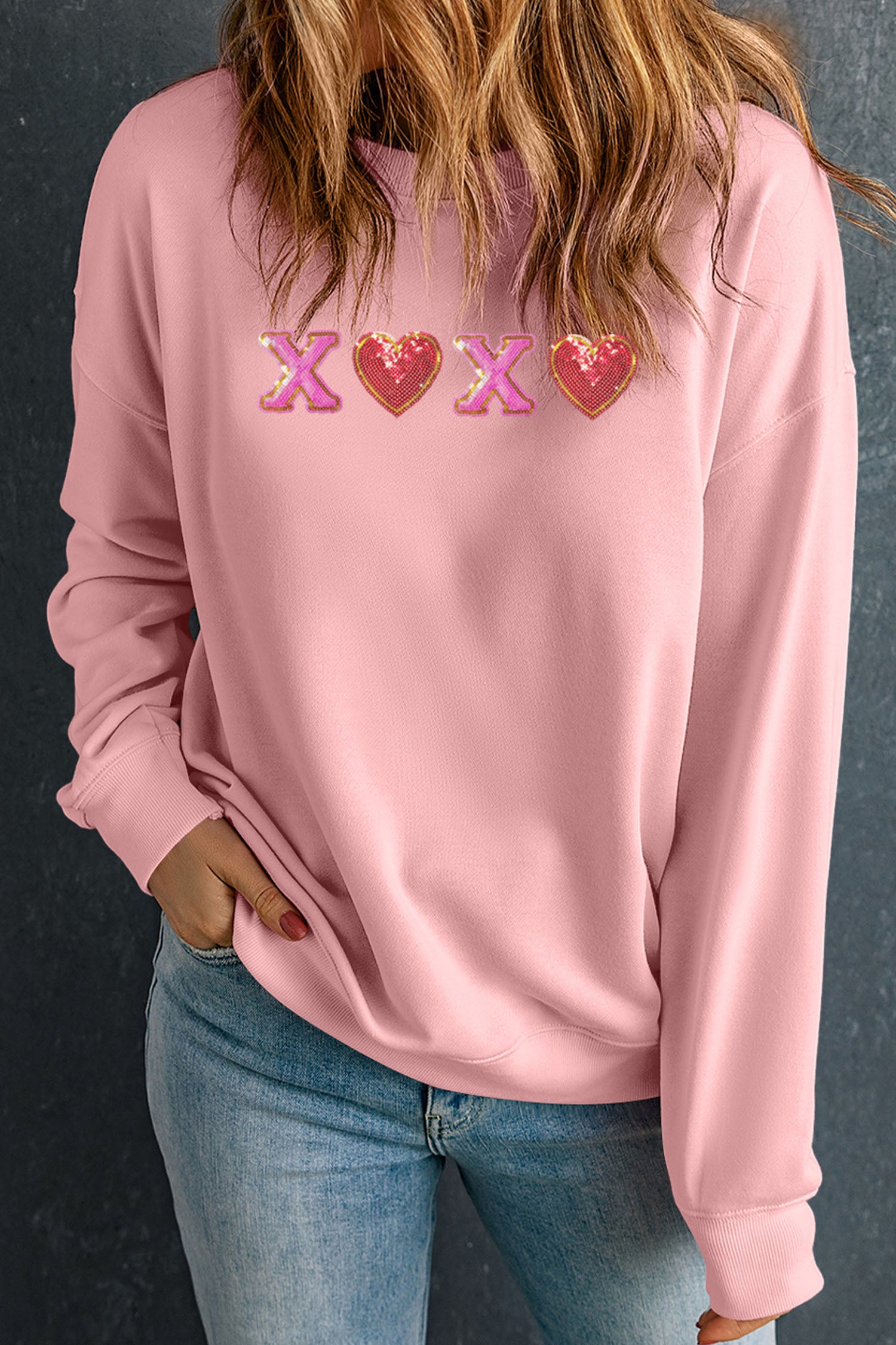 Pink XOXO Sequin Heart Patched Valentines Day Drop Shoulder Sweatshirt-Graphic Sweatshirts-[Adult]-[Female]-2022 Online Blue Zone Planet